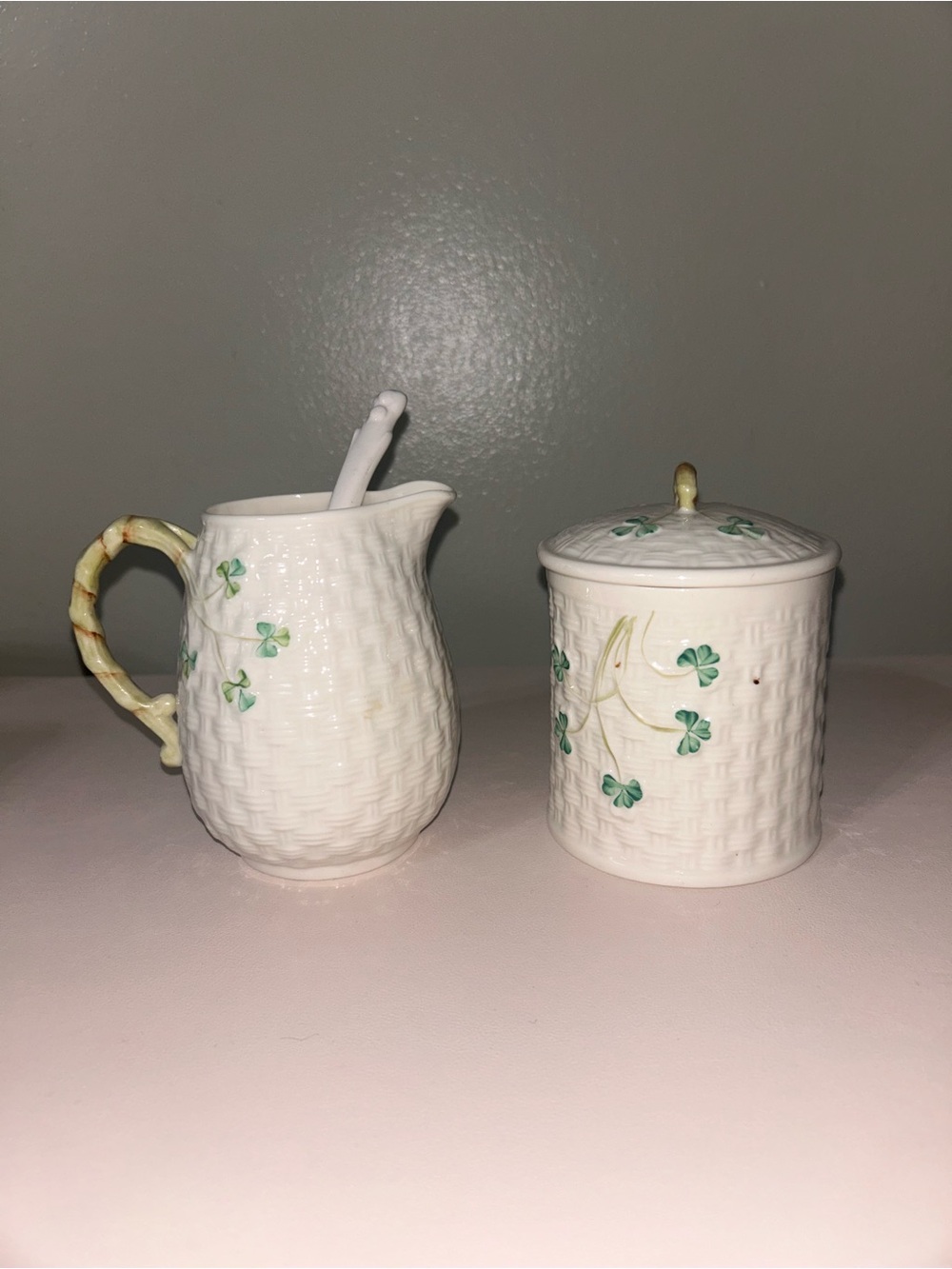 Vintage Belleek Shamrock BasketWeave Sugar w/ Lid  and Creamer Jug Brown Mark